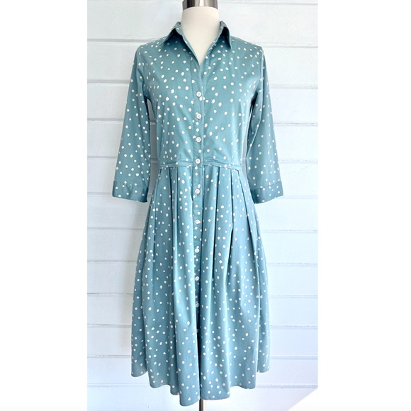 SAMANTHA SUNG Audrey Dress in Seafoam Blue White Dot Print - 4 - Picture 1 of 11